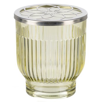 Glass Jar Grooved w. flowers metal cover, 7,5x8,5cm, Khaki