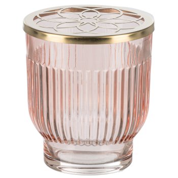 Glass Jar Grooved w. flowers metal cover, 7,5x8,5cm, salmon