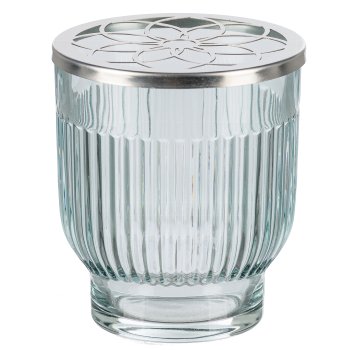 Glass Jar Grooved w. flowers metal cover, 7,5x8,5cm, sky blue