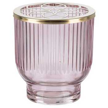 Glass Jar Grooved w. flowers metal cover, 9x10cm, Pink