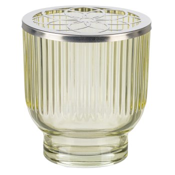 Glass Jar Grooved w. flowers metal cover, 9x10cm, Khaki