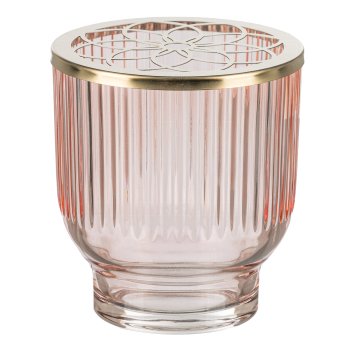 Glas Gefäß gerillt m.Blüten Metall Cover, 9x10cm, Lachs