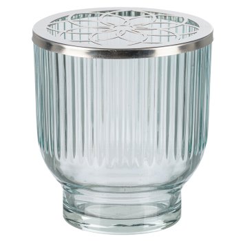 Glass Jar Grooved w. flowers metal cover, 9x10cm, Sky Blue