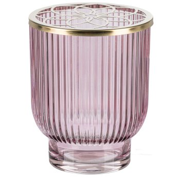 Glass Jar Grooved w. flowers metal cover, 10,2x12,5cm, Pink