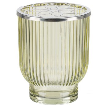Glass Jar Grooved w. flowers metal cover, 10,2x12,5cm, Khaki