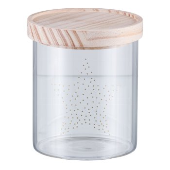 Glass storage jar, w.wooden lid, star motif 11x13cm, clear, LEPURO