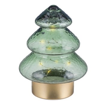 Glass tree, on metal base gold, w.6LEDs 2AAA battery box, 12x12x16cm, green