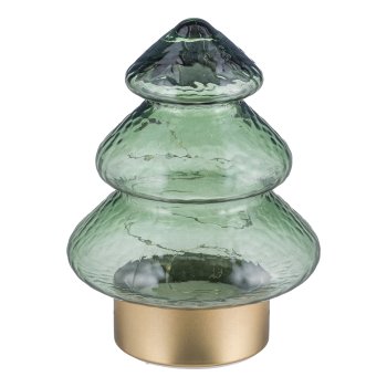 Glass tree, on metal base gold, w.6LEDs 2AAA battery box, 12x12x16cm, green