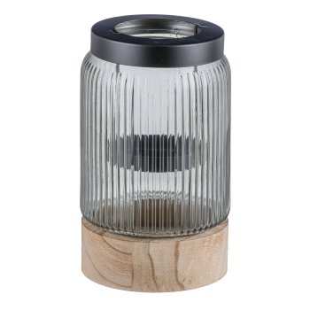 Glass lantern, wooden base, w.metal tealight insert 12x12x19cm, grey