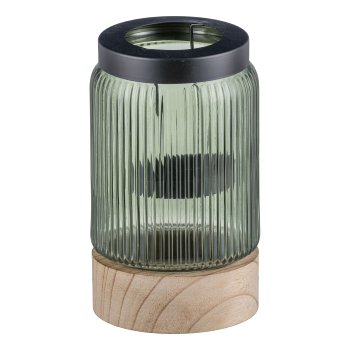 Glass lantern, wooden base, w.metal tealight insert 12x12x19cm, green