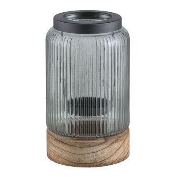 Glass lantern, wooden base, w.metal tealight insert 13x13x22cm, grey