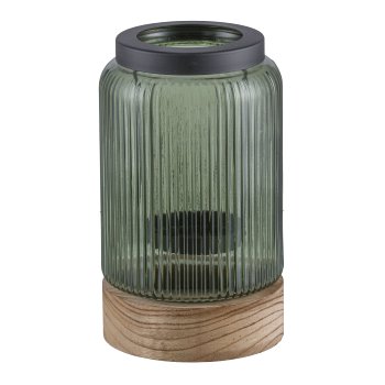 Glas Windlicht, Holzbase, m.Metall Teelichteinsatz 13x13x22cm, Grün