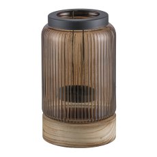 Glass lantern, wooden base, w.metal tealight insert 13x13x22cm, dark brown