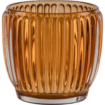 Glass tealight holder, grooved, 7.5x7cm, orange