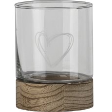 Glass lantern, on wooden base, heart motif, 9x12cm, clear