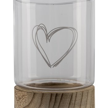 Glass lantern, on wooden base, heart motif, 11.5x16cm, clear