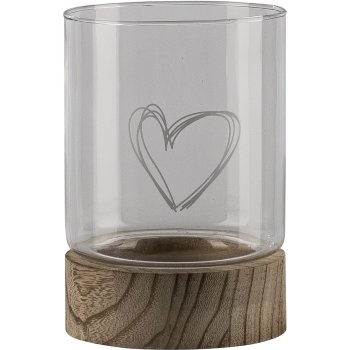Glass lantern, on wooden base, heart motif, 11.5x16cm, clear