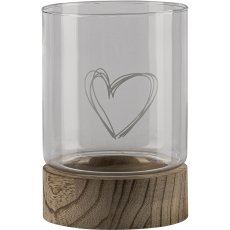 Glass lantern, on wooden base, heart motif, 11.5x16cm, clear