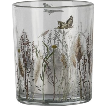Glass tealight holder, floral motif, 7x8.5cm, pale pink