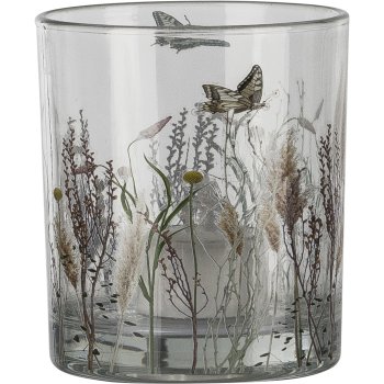 Glas Teelichthalter, Blumenmotiv, 9x10cm, rosa