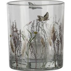 Glas Teelichthalter, Blumenmotiv, 9x10cm, rosa