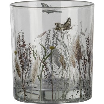 Glas Teelichthalter, Blumenmotiv, 9x10cm, rosa