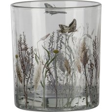 Glass tealight holder, floral motif, 9x10cm, pale pink