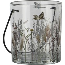 Glass tealight holder, with handle, floral motif, 8x9.5cm, pale pink