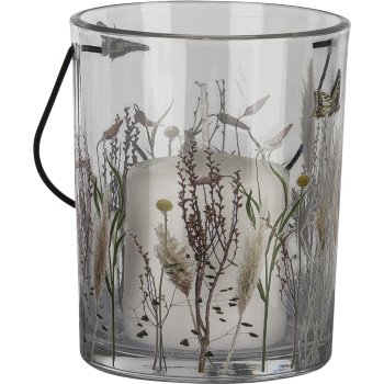Glass tealight holder, with handle, floral motif, 10x12.5cm, pale pink