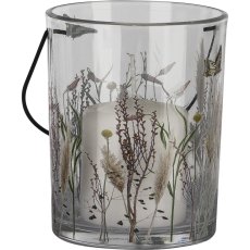 Glass tealight holder, with handle, floral motif, 10x12.5cm, pale pink