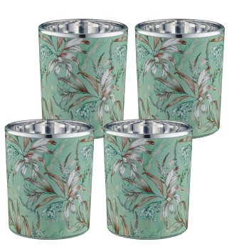 Glass tealight INSTYLE with print, 4/box, 7x7x8.5cm, light green, Lepuro