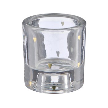 Glas Teelicht/Kerzenhalter, 2fa.Funktion, rund mit Dekor, 6x6x6,5cm, gold