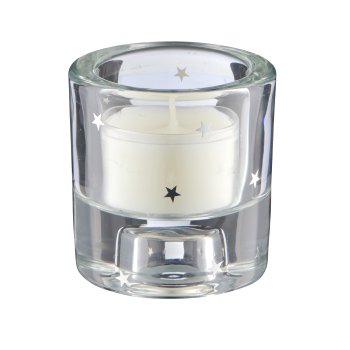 Glass tealight/candle holder, 2-fold function, round with decoration, 6x6x6.5cm, silver