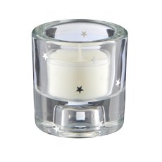Glass tealight/candle holder, 2-fold function, round with decoration, 6x6x6.5cm, silver