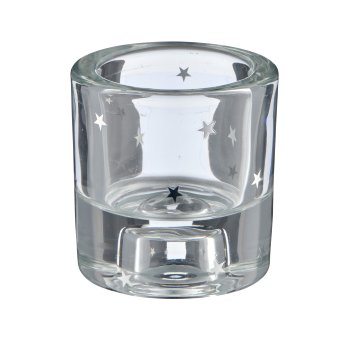 Glass tealight/candle holder, 2-fold function, round with decoration, 6x6x6.5cm, silver