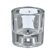 Glass tealight/candle holder, 2-fold function, round with decoration, 6x6x6.5cm, silver