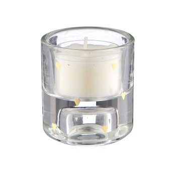 Glass tealight/candle holder, 2-fold function, round with decoration, 5.5x5.5x6cm, gold