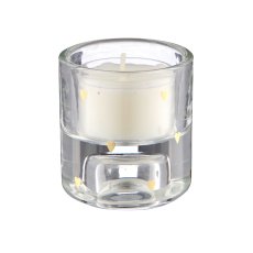 Glass tealight/candle holder, 2-fold function, round with decoration, 5.5x5.5x6cm, gold