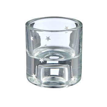 Glass tealight/candle holder, 2-fold function, round with decoration, 5.5x5.5x6cm,