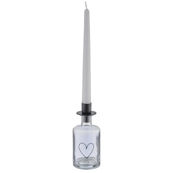 Glasflasche mit Metall Kerzenhalter Aufsatz, Herz, 6,8x6,8x16,7cm, klar