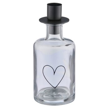 Glasflasche mit Metall Kerzenhalter Aufsatz, Herz, 6,8x6,8x16,7cm, klar