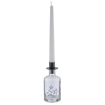 Glasflasche mit Metall Kerzenhalter Aufsatz, Stern, 6,8x6,8x16,7cm, klar
