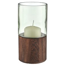Glass lantern on wooden base, cylinder, 10x20cm, green