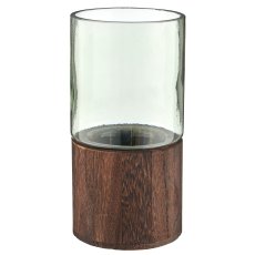 Glas Windlicht auf Holzfuß, Zylinder, 10x20cm, grün