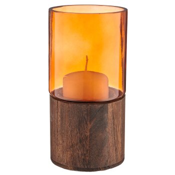 Glas Windlicht auf Holzfuß, Zylinder, 10x20cm, orange