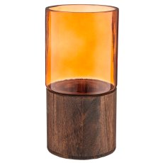 Glas Windlicht auf Holzfuß, Zylinder, 10x20cm, orange