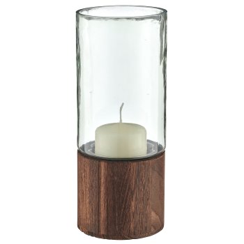 Glas Windlicht auf Holzfuß, Zylinder, 10x25cm, grün