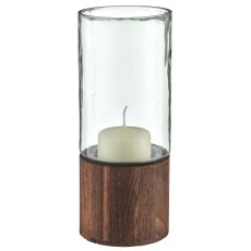 Glas Windlicht auf Holzfuß, Zylinder, 10x25cm, grün