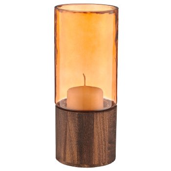 Glas Windlicht auf Holzfuß, Zylinder, 10x25cm, orange