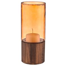 Glas Windlicht auf Holzfuß, Zylinder, 10x25cm, orange